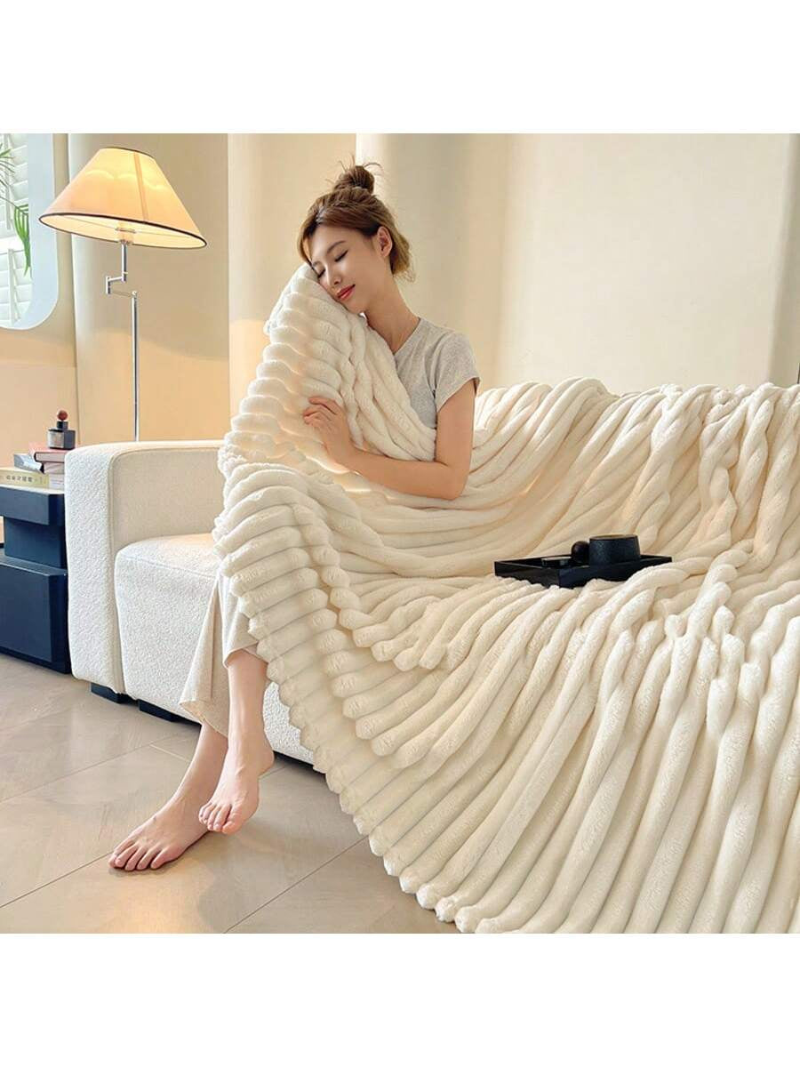 1Pc Super Soft Shaggy Faux Fur Throw Blanket, Wide Stripes Cutout Fluffy Plush Milk Pink Sherpa Fleece Cozy Decorative Lap Blanket for Bedroom, Office, Napping