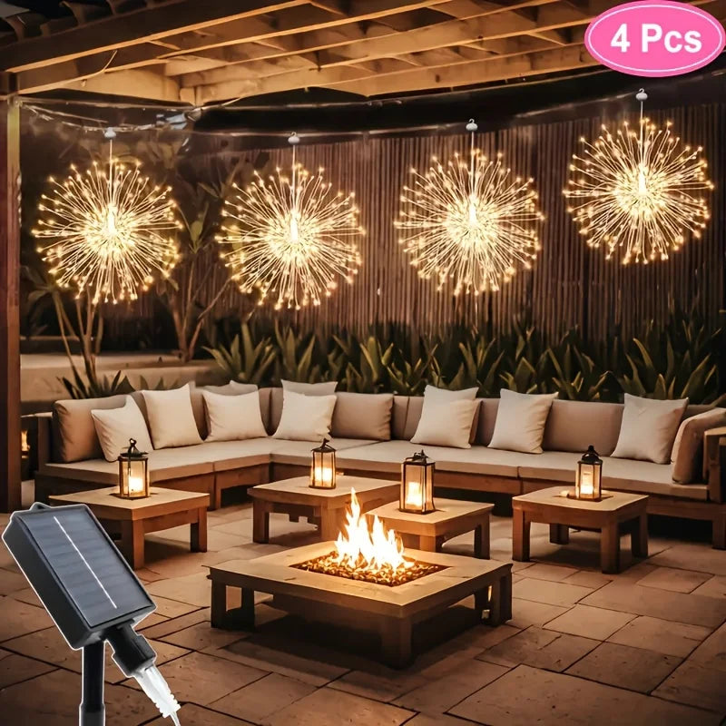 4Pcs Hanging Solar Powered Outdoor Firework Lights,360 LED Sparkling Starburst Sphere Lights, for Christmas Decorationdecoration
