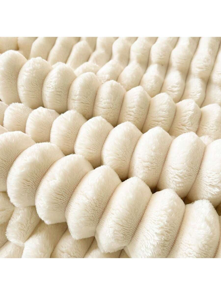 1Pc Super Soft Shaggy Faux Fur Throw Blanket, Wide Stripes Cutout Fluffy Plush Milk Pink Sherpa Fleece Cozy Decorative Lap Blanket for Bedroom, Office, Napping