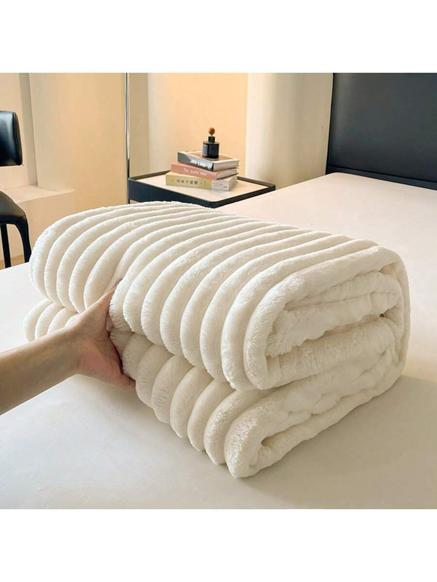 1Pc Super Soft Shaggy Faux Fur Throw Blanket, Wide Stripes Cutout Fluffy Plush Milk Pink Sherpa Fleece Cozy Decorative Lap Blanket for Bedroom, Office, Napping