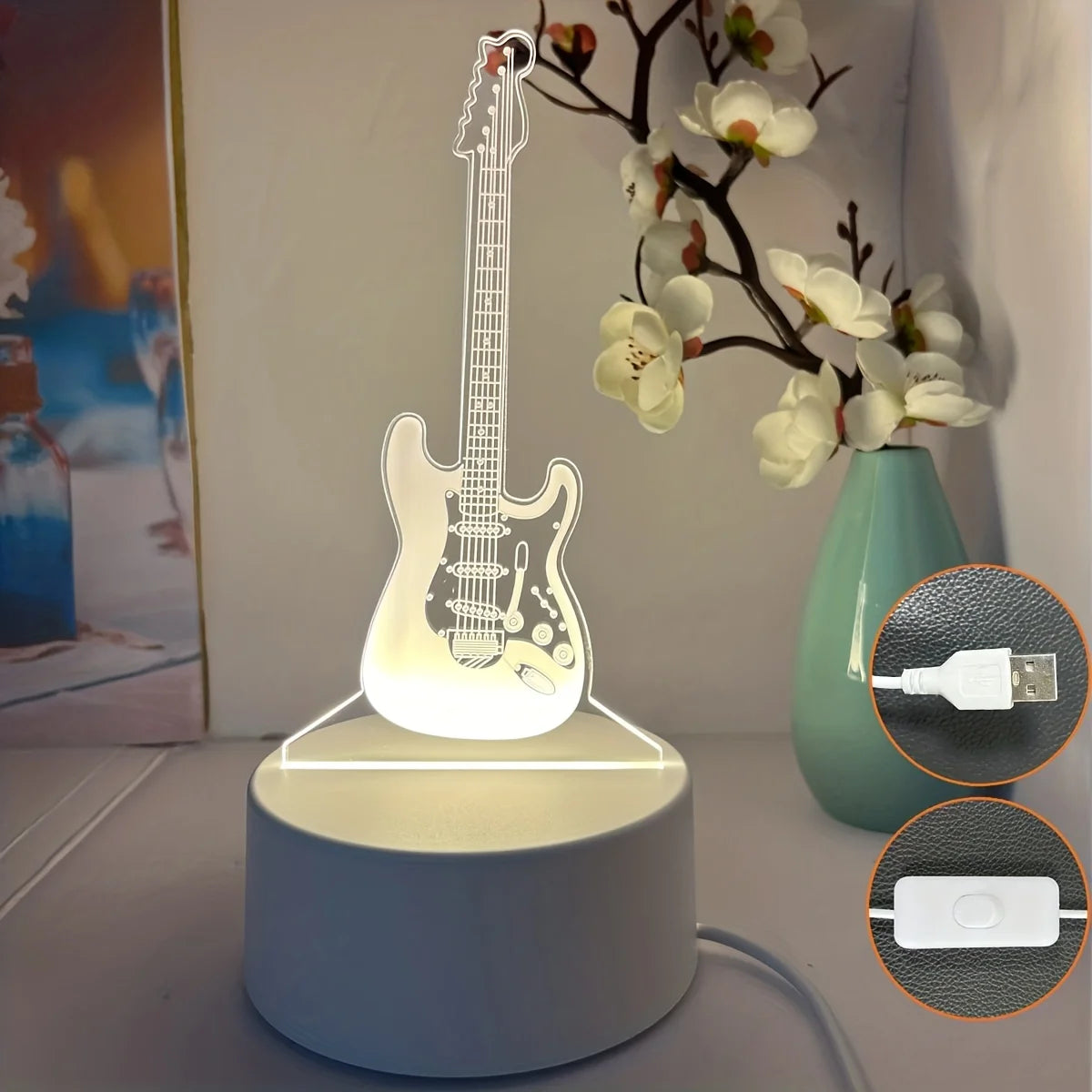 1Pc 3D Stereo Night Light, Guitar Bedside Lamp, Acrylic Table Lamp, LED Warm White Desk Lamp