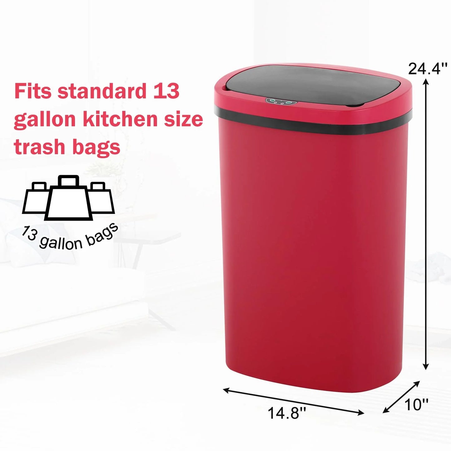 13 Gallon Garbage Can, 50 Liter High-Capacity Broken-Resistant Plastic Garbage Can with Lid Automatic Trash Cans Touchless Motion Sensor Trash Can for Home Kitchen Office (1, Red)