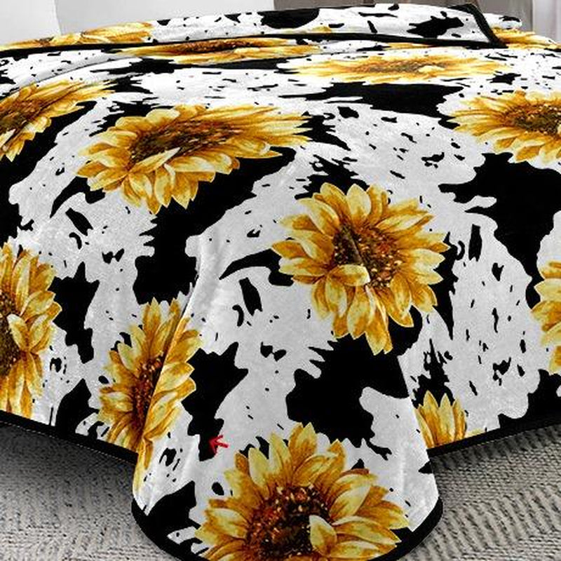 Oversized Super Plush Sunflower Cow Print Flannel Blanket