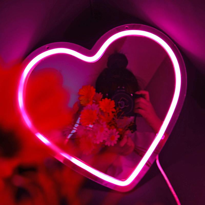 LED Neon Mirror Light Sign Pink Heart Neon Wall Art Sign for Girl Bedroom Kid’S Room Birthday Party Wedding Gift Home Studio Decor Neon Night Light 5V USB Powered 11.81”