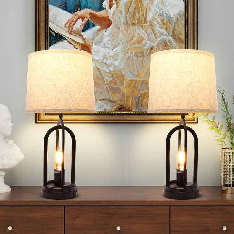 Set of 2 Modern Nightstand Lamps – USB Charging Ports, a Unique Base Design, and a Soft Cream Fabric Shade. Bulb per Lamp. Ideal for Bedrooms, Living Rooms, and Reading Nooks, with Easy Button Control for Convenient Use,Backtoschool
