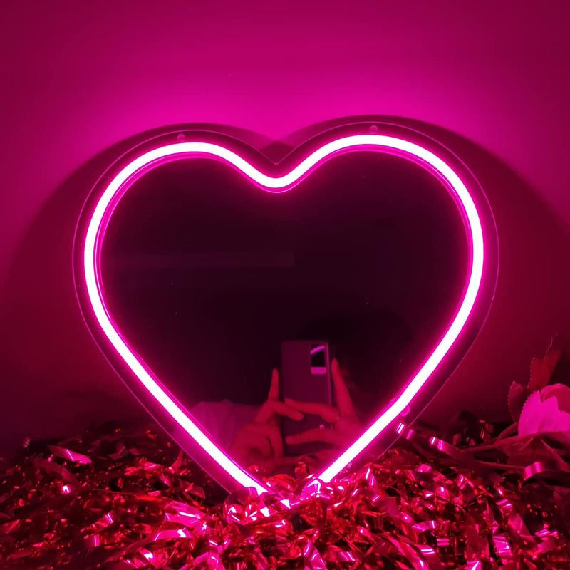 LED Neon Mirror Light Sign Pink Heart Neon Wall Art Sign for Girl Bedroom Kid’S Room Birthday Party Wedding Gift Home Studio Decor Neon Night Light 5V USB Powered 11.81”