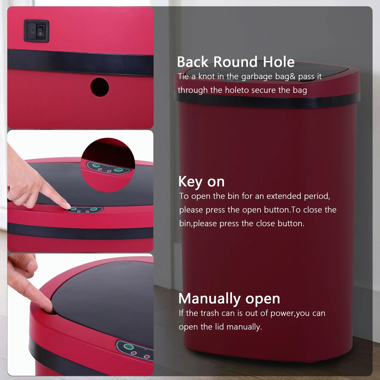 13 Gallon Garbage Can, 50 Liter High-Capacity Broken-Resistant Plastic Garbage Can with Lid Automatic Trash Cans Touchless Motion Sensor Trash Can for Home Kitchen Office (1, Red)
