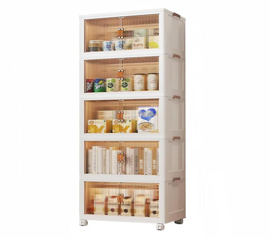 2/3/4/5 Tier Foldable Storage Box, Stackable Storage Box Front Opening with Lid, Door, Wheels, Storage Cabinet Plastic, Foldable Storage Cabinet Organiser Cover
