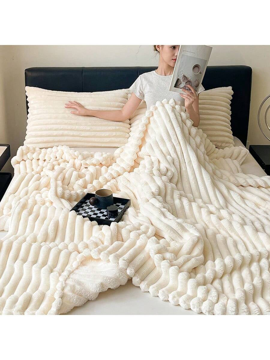 1Pc Super Soft Shaggy Faux Fur Throw Blanket, Wide Stripes Cutout Fluffy Plush Milk Pink Sherpa Fleece Cozy Decorative Lap Blanket for Bedroom, Office, Napping