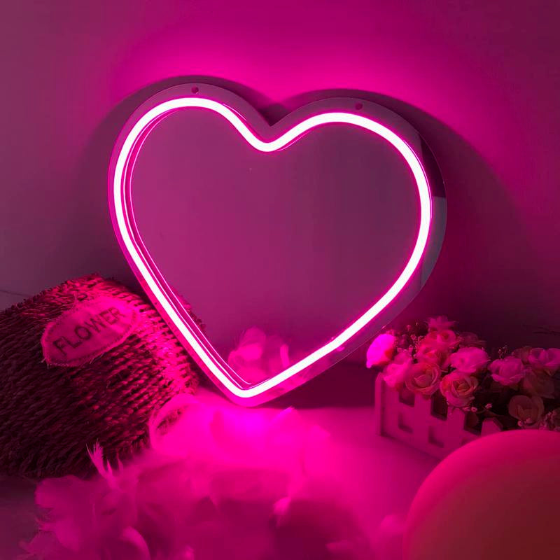 LED Neon Mirror Light Sign Pink Heart Neon Wall Art Sign for Girl Bedroom Kid’S Room Birthday Party Wedding Gift Home Studio Decor Neon Night Light 5V USB Powered 11.81”