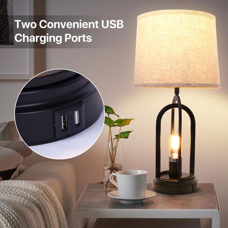 Set of 2 Modern Nightstand Lamps – USB Charging Ports, a Unique Base Design, and a Soft Cream Fabric Shade. Bulb per Lamp. Ideal for Bedrooms, Living Rooms, and Reading Nooks, with Easy Button Control for Convenient Use,Backtoschool
