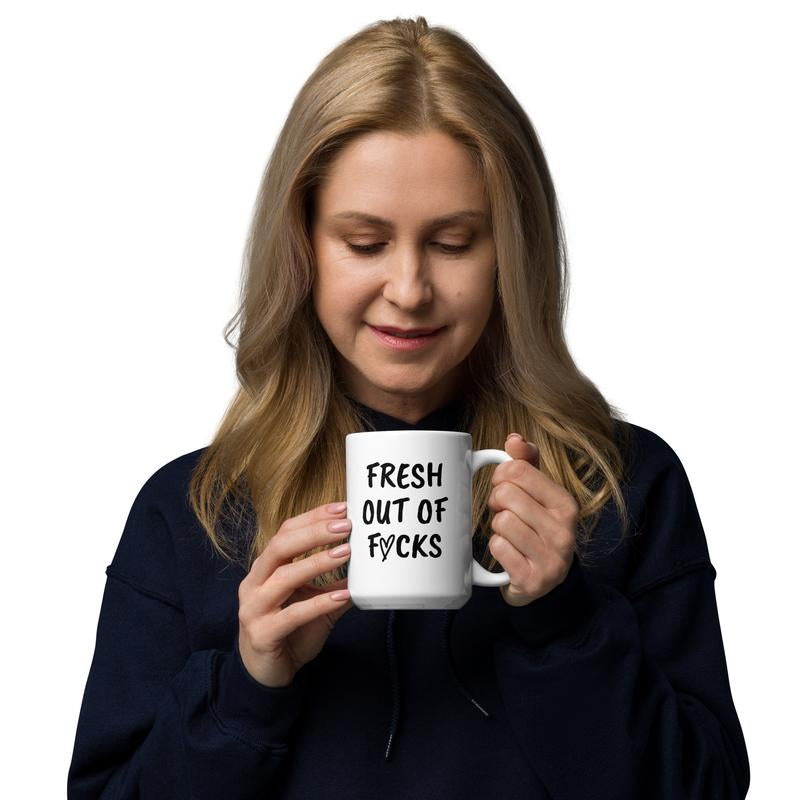 Fresh Out of F*Cks Funny Coffee Mug - Ceramic, 11 Oz & 15 Oz Options, Handle, Microwave & Dishwasher Safe, Adult Gift for Dad or Mom - Drinkware