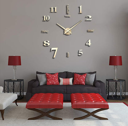 3D DIY Wall Clock Decor Sticker Mirror Frameless Large DIY Wall Clock Kit for Home Living Room Bedroom Office Decoration (Gold)