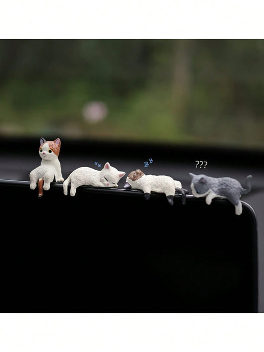 4Pcs Set Cute White Cartoon Cat Miniature Dashboard Decor - ABS Resin Figurines, Fit for Vehicle Interior Accessories