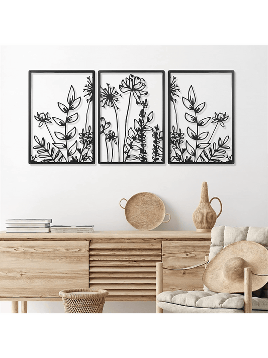 3-Piece Wall Decor, Black Metal Wall Art Minimalist Wall Decor, Bedroom Floral Wall Decor, Hanging Floral Bathroom Wall Art, Floral Line Wall Sculpture, Kitchen Decor, 16.5 by 11.8 Inches / 42 by 30 Cm