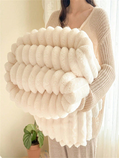 1Pc Super Soft Shaggy Faux Fur Throw Blanket, Wide Stripes Cutout Fluffy Plush Milk Pink Sherpa Fleece Cozy Decorative Lap Blanket for Bedroom, Office, Napping