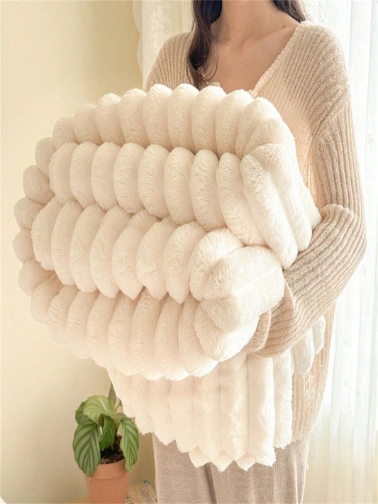 1Pc Super Soft Shaggy Faux Fur Throw Blanket, Wide Stripes Cutout Fluffy Plush Milk Pink Sherpa Fleece Cozy Decorative Lap Blanket for Bedroom, Office, Napping