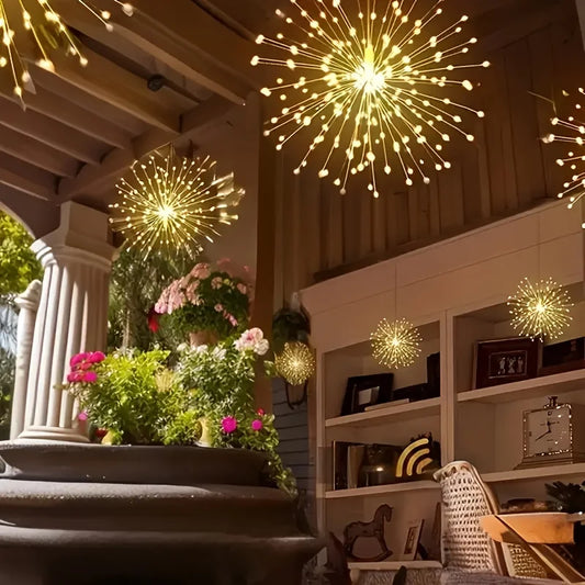 4Pcs Hanging Solar Powered Outdoor Firework Lights,360 LED Sparkling Starburst Sphere Lights, for Christmas Decorationdecoration