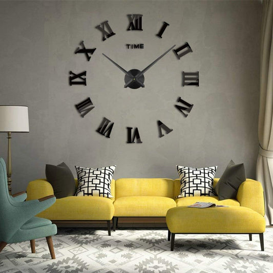 3D DIY Wall Clock, 1M Modern Frameless Large 3D DIY Wall Clock Kit Decoration Home for Living Room Bedroom (Black-Black)