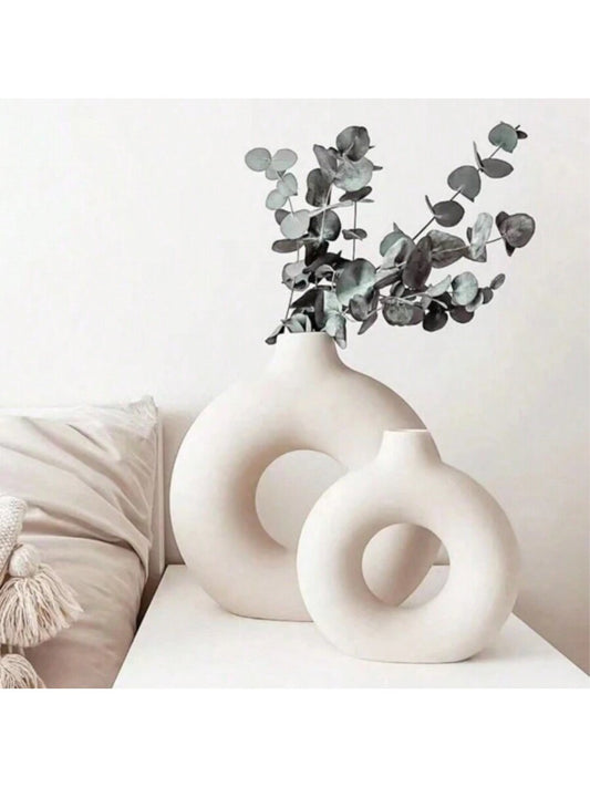 1Pc White Plastic Circular Flower Vase Decoration, Simulated Dry Flower Decoration Vase, Artistic Vase for Floral Arrangements, Simple Living Room Exhibition Hall Decoration Gifts Birthday Graduation