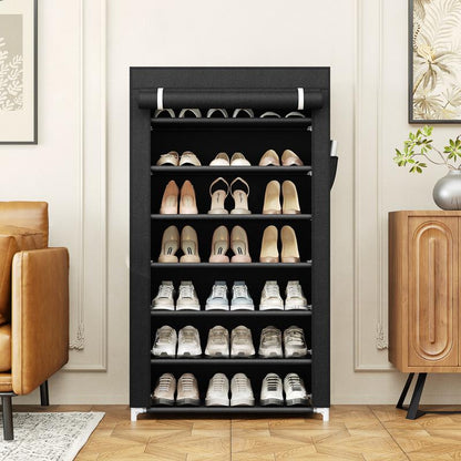 7-Tier Metal Shoe Shelf Dustproof Cover Adjustable Entryway Organizer for Small Spaces Closet Storage Solution Non-Woven Fabric Hallway Rack Garage Household Boxe Shoe Rack