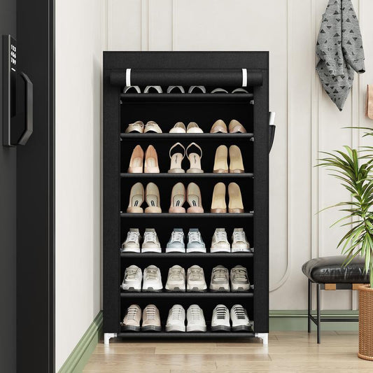 7-Tier Metal Shoe Shelf Dustproof Cover Adjustable Entryway Organizer for Small Spaces Closet Storage Solution Non-Woven Fabric Hallway Rack Garage Household Boxe Shoe Rack