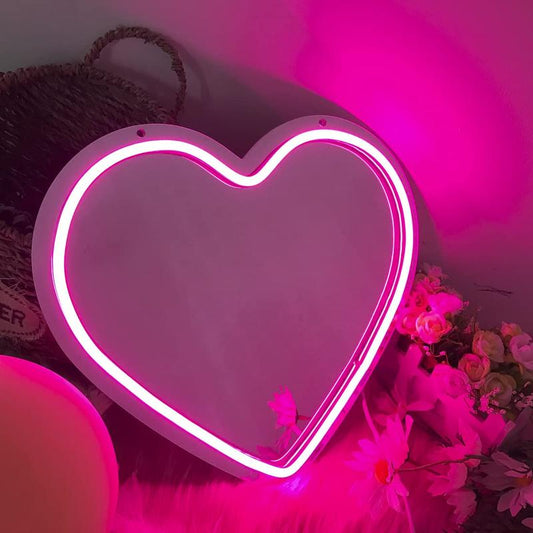 LED Neon Mirror Light Sign Pink Heart Neon Wall Art Sign for Girl Bedroom Kid’S Room Birthday Party Wedding Gift Home Studio Decor Neon Night Light 5V USB Powered 11.81”