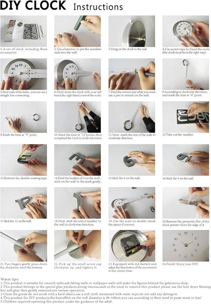 3D DIY Wall Clock, 1M Modern Frameless Large 3D DIY Wall Clock Kit Decoration Home for Living Room Bedroom (Black-Black)