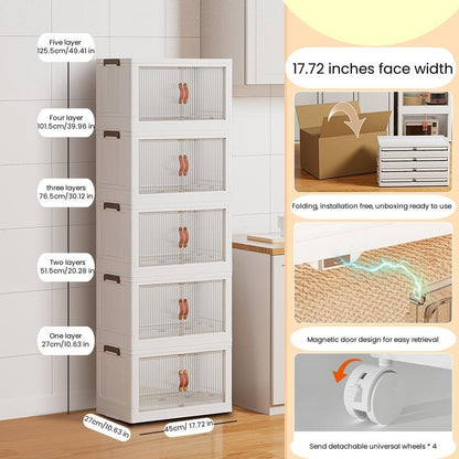 2/3/4/5 Tier Foldable Storage Box, Stackable Storage Box Front Opening with Lid, Door, Wheels, Storage Cabinet Plastic, Foldable Storage Cabinet Organiser Cover