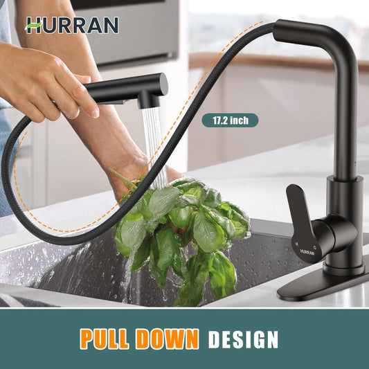 Hurran Matte Black Kitchen Faucet with Pull-Down Sprayer, Deck Plate, 17.2 Inch, Suitable for 3-Hole Bar Sinks, Rvs, Campers & Outdoor Use Water
